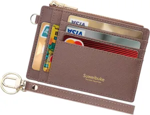 Wikavanli Women Slim Rfid Blocking Credit Card Case Holder Wristlet Zip ID Case Wallet Small Compact Leather Wallet Coin Purse with Keychain (Camel)