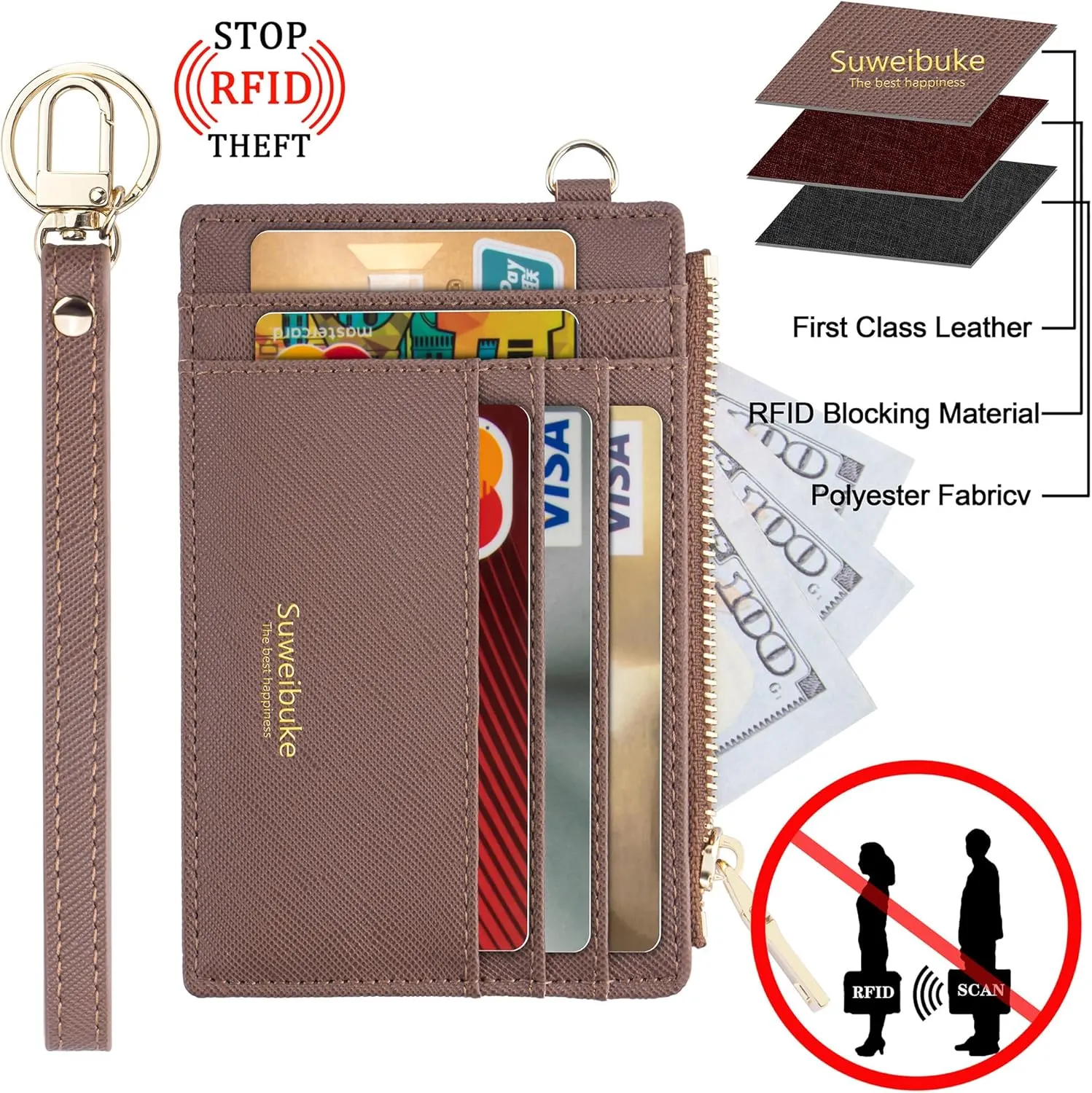 Wikavanli Women Slim Rfid Blocking Credit Card Case Holder Wristlet Zip ID Case Wallet Small Compact Leather Wallet Coin Purse with Keychain (Camel)