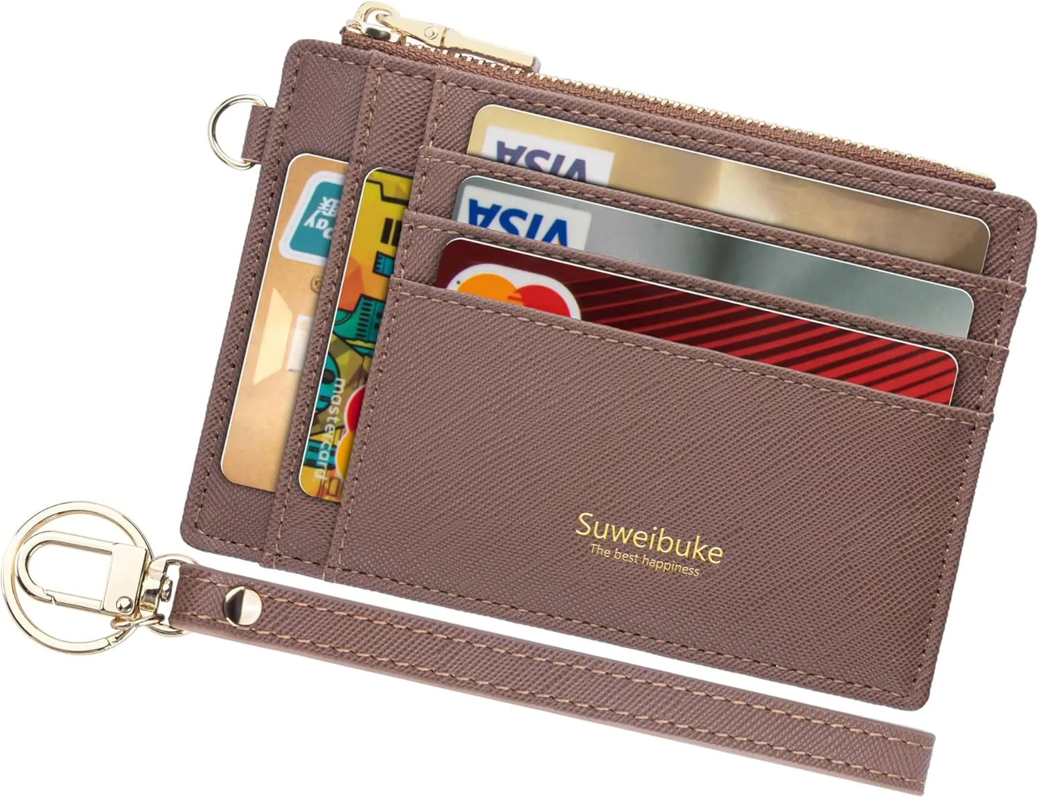 Wikavanli Women Slim Rfid Blocking Credit Card Case Holder Wristlet Zip ID Case Wallet Small Compact Leather Wallet Coin Purse with Keychain (Camel)