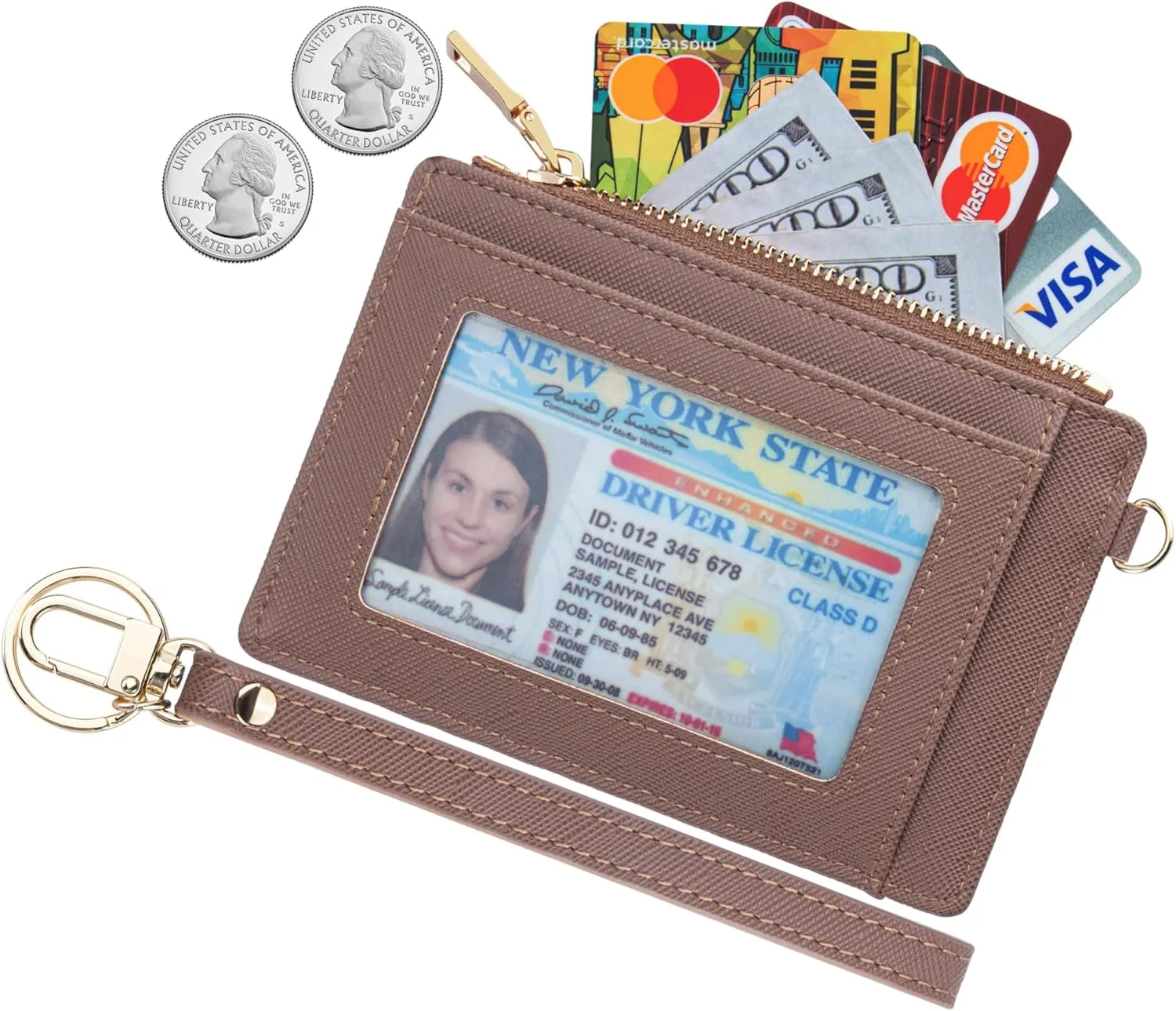 Wikavanli Women Slim Rfid Blocking Credit Card Case Holder Wristlet Zip ID Case Wallet Small Compact Leather Wallet Coin Purse with Keychain (Camel)