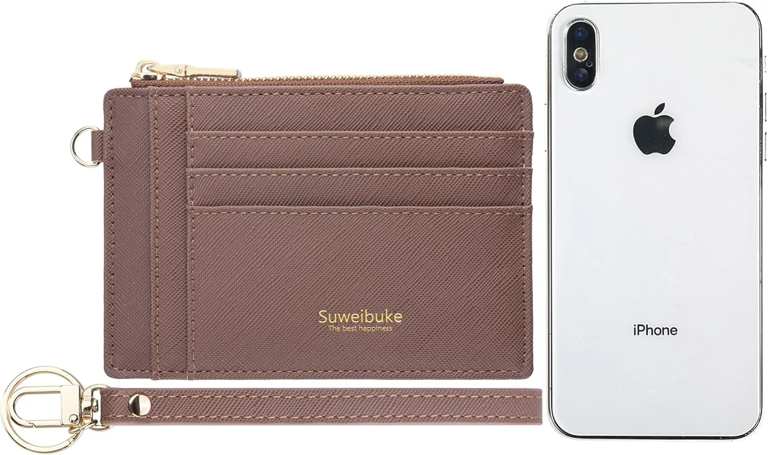 Wikavanli Women Slim Rfid Blocking Credit Card Case Holder Wristlet Zip ID Case Wallet Small Compact Leather Wallet Coin Purse with Keychain (Camel)