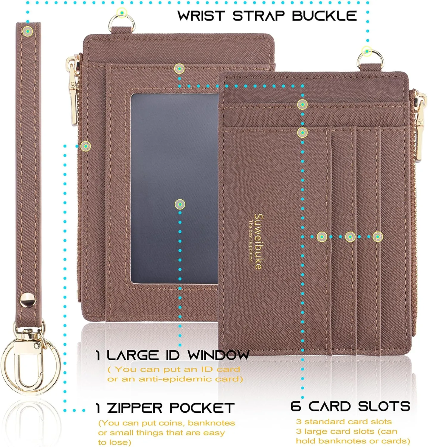 Wikavanli Women Slim Rfid Blocking Credit Card Case Holder Wristlet Zip ID Case Wallet Small Compact Leather Wallet Coin Purse with Keychain (Camel)