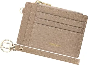 Wikavanli Women Slim RFID Blocking Credit Card Case Holder Wristlet Zip Id Case Wallet Small Compact Leather Wallet Coin Purse with Keychain (Khaki)