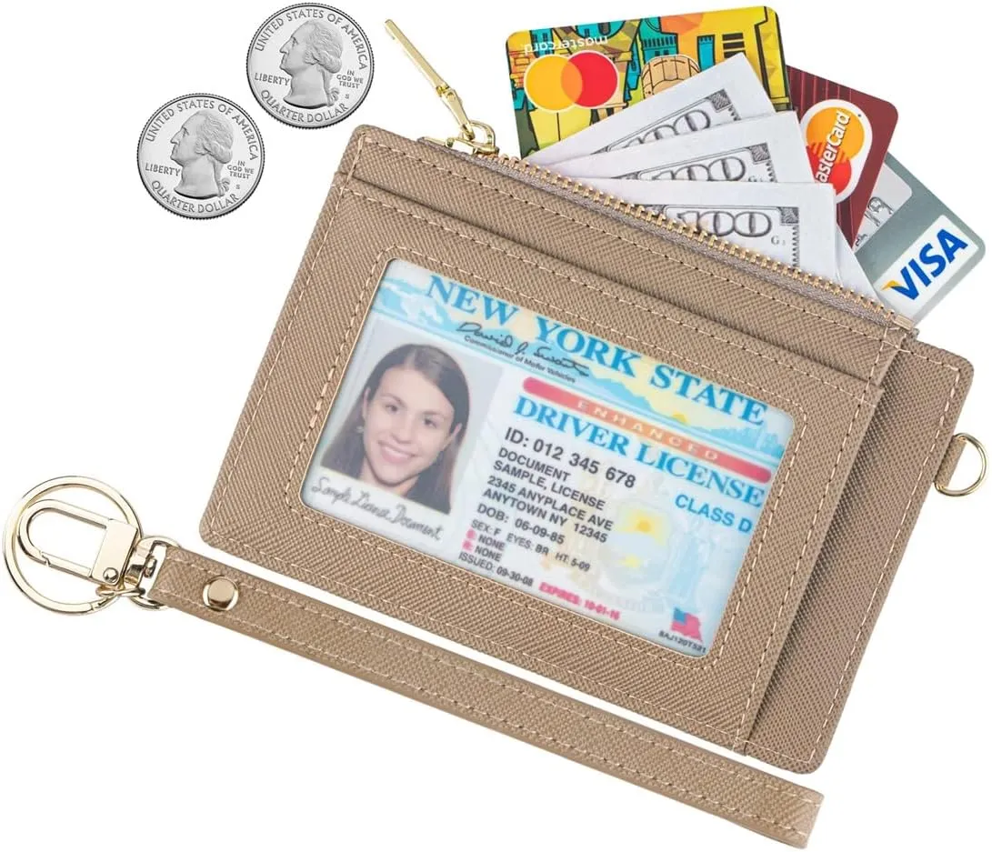 Wikavanli Women Slim RFID Blocking Credit Card Case Holder Wristlet Zip Id Case Wallet Small Compact Leather Wallet Coin Purse with Keychain (Khaki)