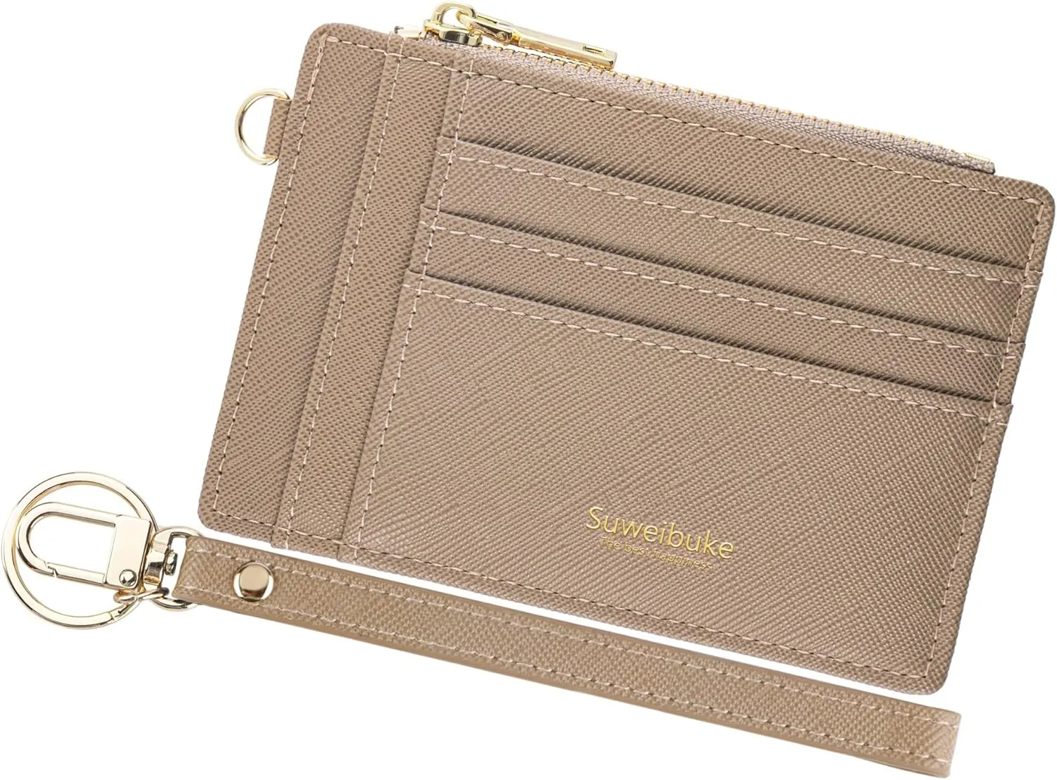 Wikavanli Women Slim RFID Blocking Credit Card Case Holder Wristlet Zip Id Case Wallet Small Compact Leather Wallet Coin Purse with Keychain (Khaki)