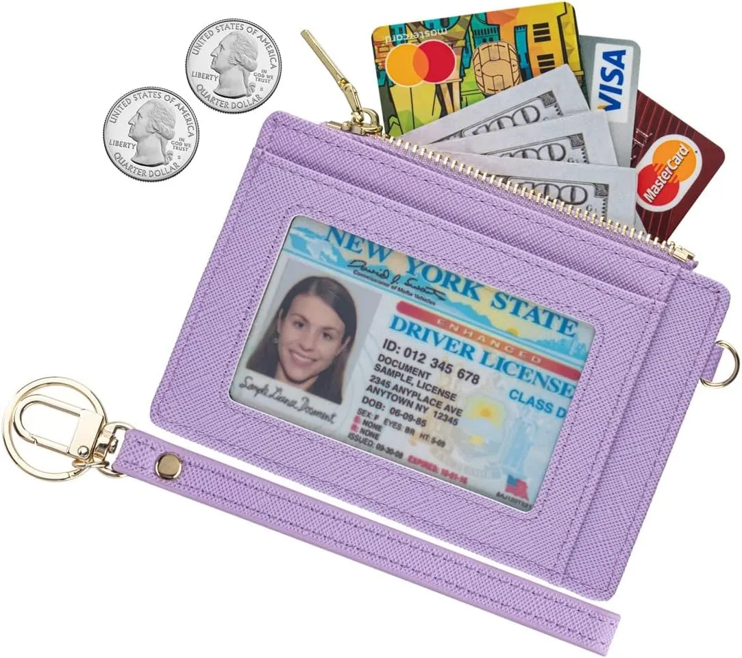 Wikavanli Women Slim RFID Blocking Credit Card Case Holder Wristlet Zip Id Case Wallet Small Compact Leather Wallet Coin Purse with Keychain (Light Purple)