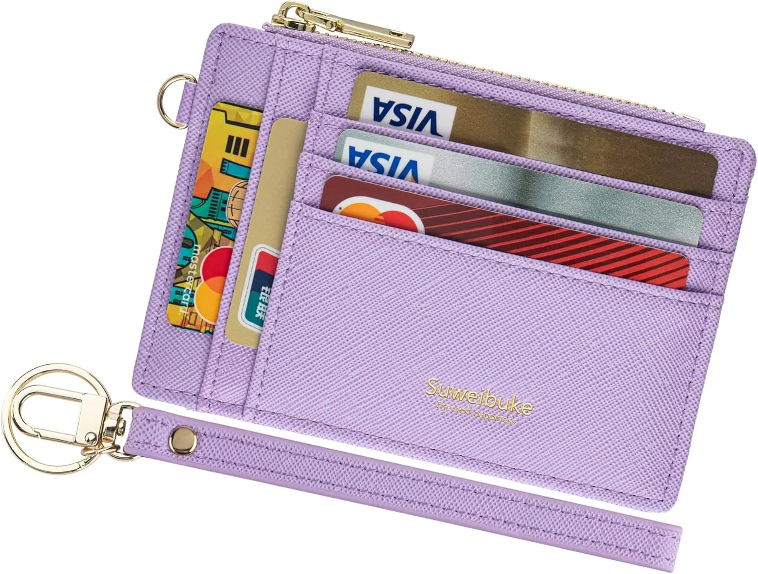 Wikavanli Women Slim RFID Blocking Credit Card Case Holder Wristlet Zip Id Case Wallet Small Compact Leather Wallet Coin Purse with Keychain (Light Purple)