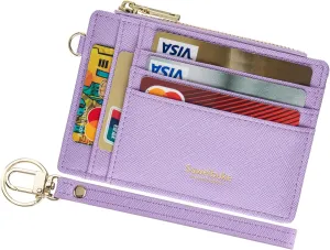 Wikavanli Women Slim RFID Blocking Credit Card Case Holder Wristlet Zip Id Case Wallet Small Compact Leather Wallet Coin Purse with Keychain (Light Purple)