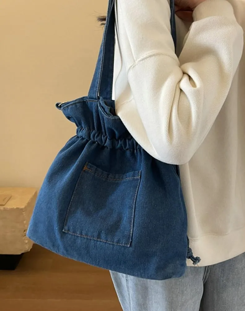 Women Denim Canvas Tote Bag Drawstring Crossbody Tote Purse Trendy Shoulder Handbag Travel Bag