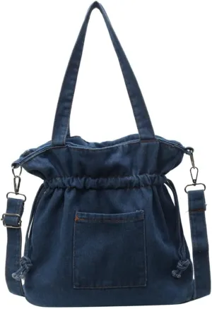 Women Denim Canvas Tote Bag Drawstring Crossbody Tote Purse Trendy Shoulder Handbag Travel Bag