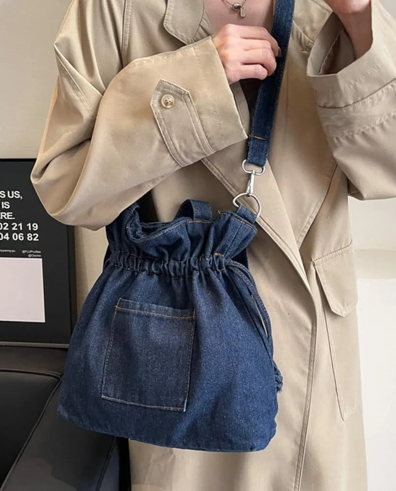 Women Denim Canvas Tote Bag Drawstring Crossbody Tote Purse Trendy Shoulder Handbag Travel Bag