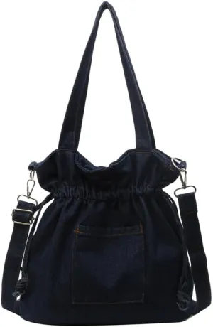 Women Denim Canvas Tote Bag Drawstring Crossbody Tote Purse Trendy Shoulder Handbag Travel Bag