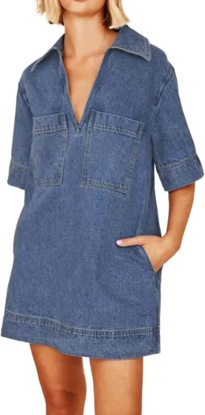 Women Denim Dress Summer Deep V Neck Short Sleeve Casual Loose Collared Shift Mini Jean Dress with Pockets