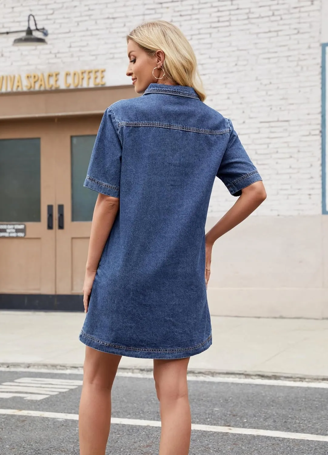 Women Denim Dress Summer Deep V Neck Short Sleeve Casual Loose Collared Shift Mini Jean Dress with Pockets