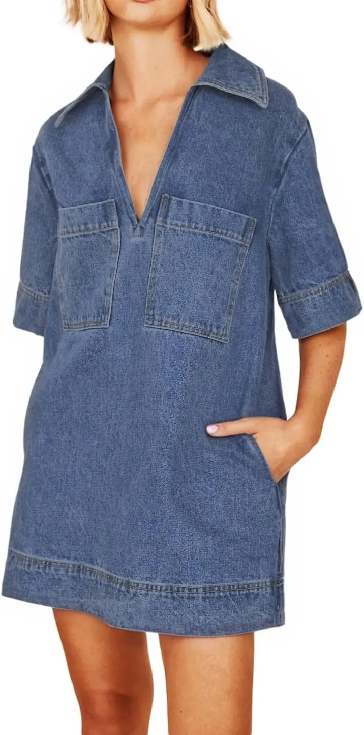 Women Denim Dress Summer Deep V Neck Short Sleeve Casual Loose Collared Shift Mini Jean Dress with Pockets