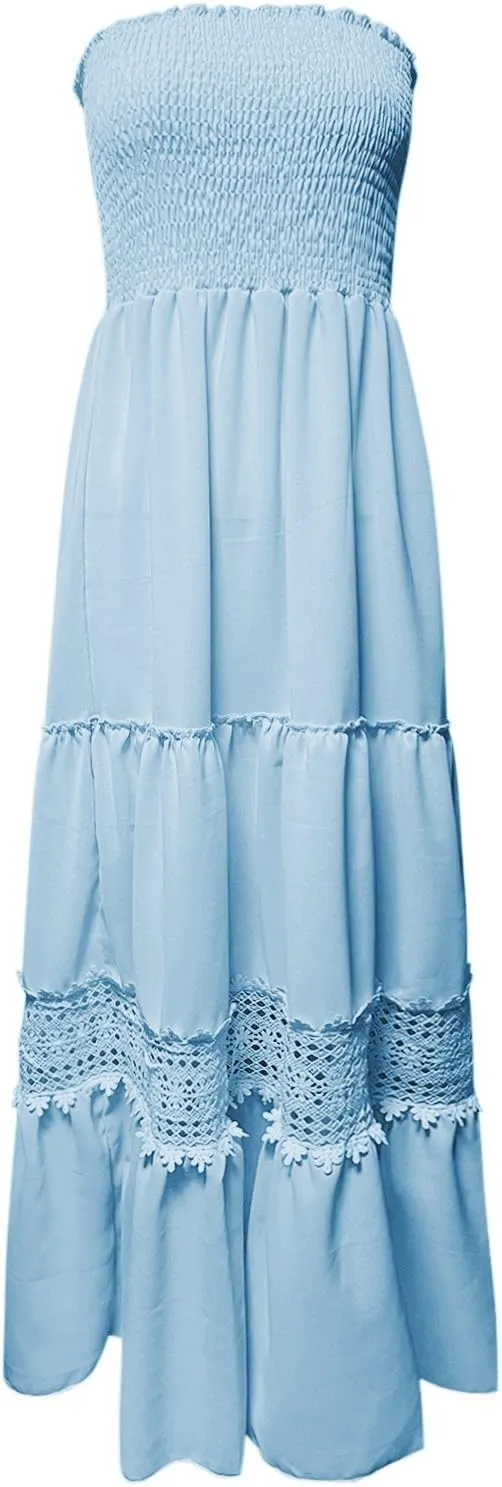 Women's 2023 Summer Bohemian Strapless Off Shoulder Lace Trim Backless Flowy A Line Beach Long Maxi Dress