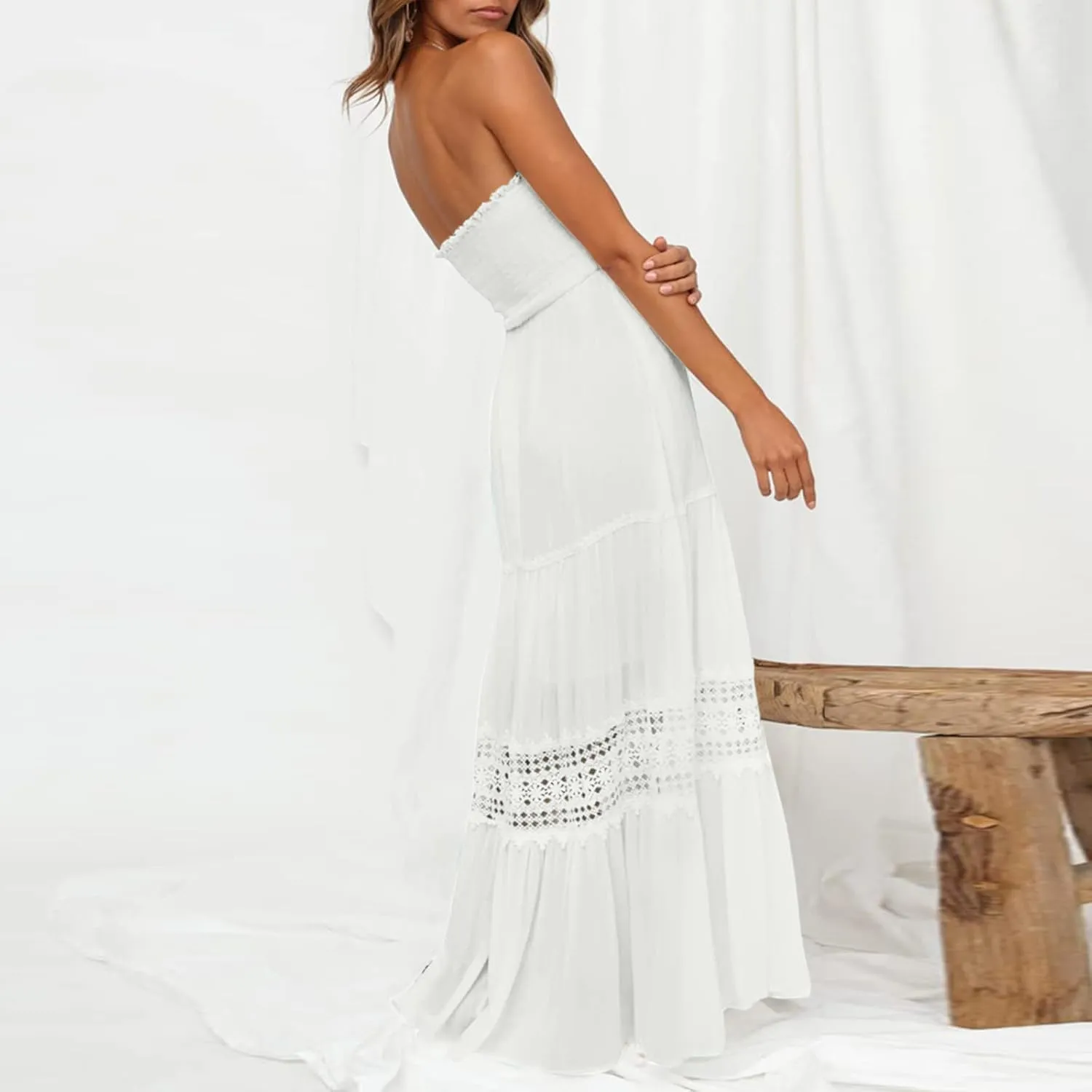 Women's 2023 Summer Bohemian Strapless Off Shoulder Lace Trim Backless Flowy A Line Beach Long Maxi Dress