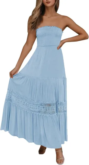 Women's 2023 Summer Bohemian Strapless Off Shoulder Lace Trim Backless Flowy A Line Beach Long Maxi Dress