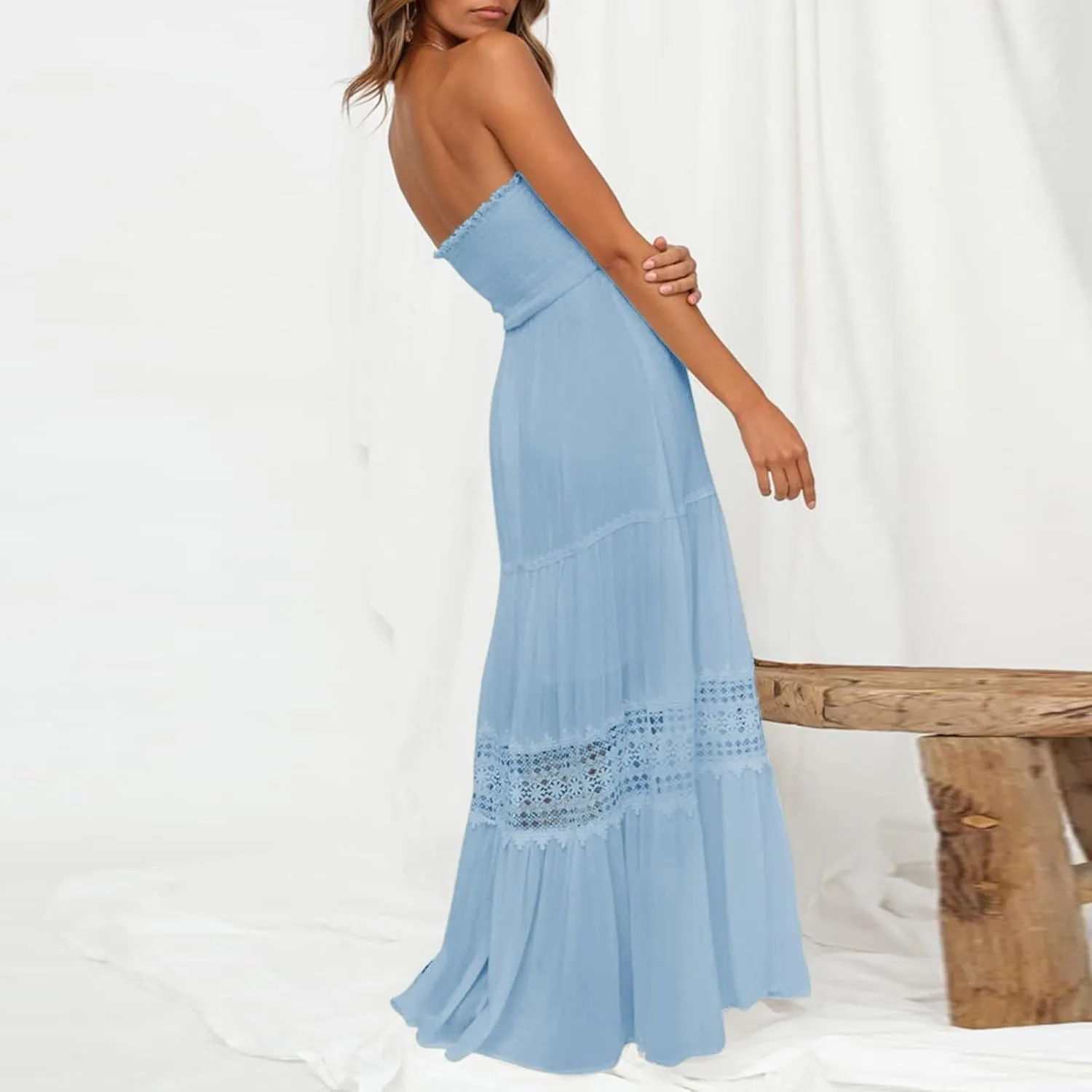 Women's 2023 Summer Bohemian Strapless Off Shoulder Lace Trim Backless Flowy A Line Beach Long Maxi Dress