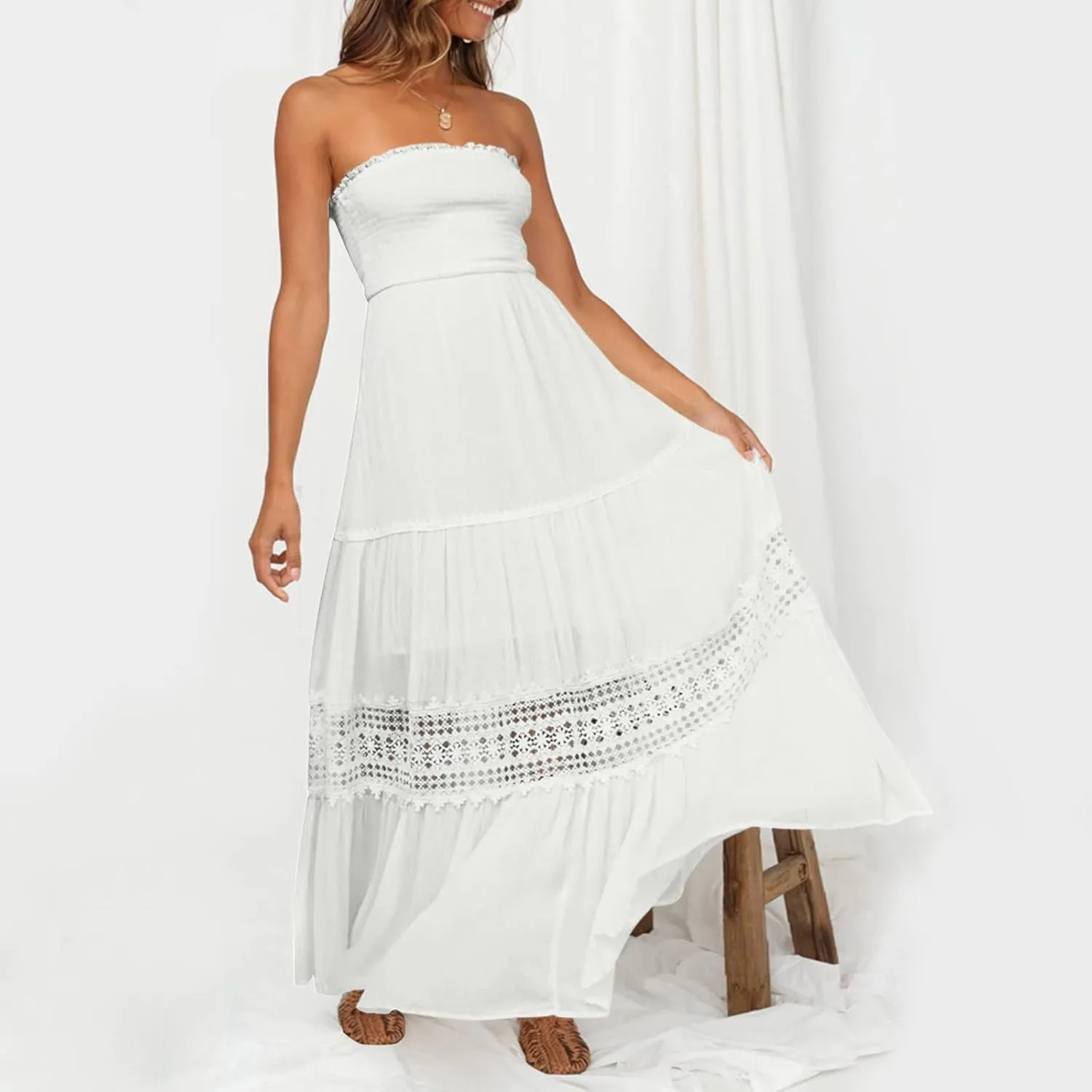 Women's 2023 Summer Bohemian Strapless Off Shoulder Lace Trim Backless Flowy A Line Beach Long Maxi Dress