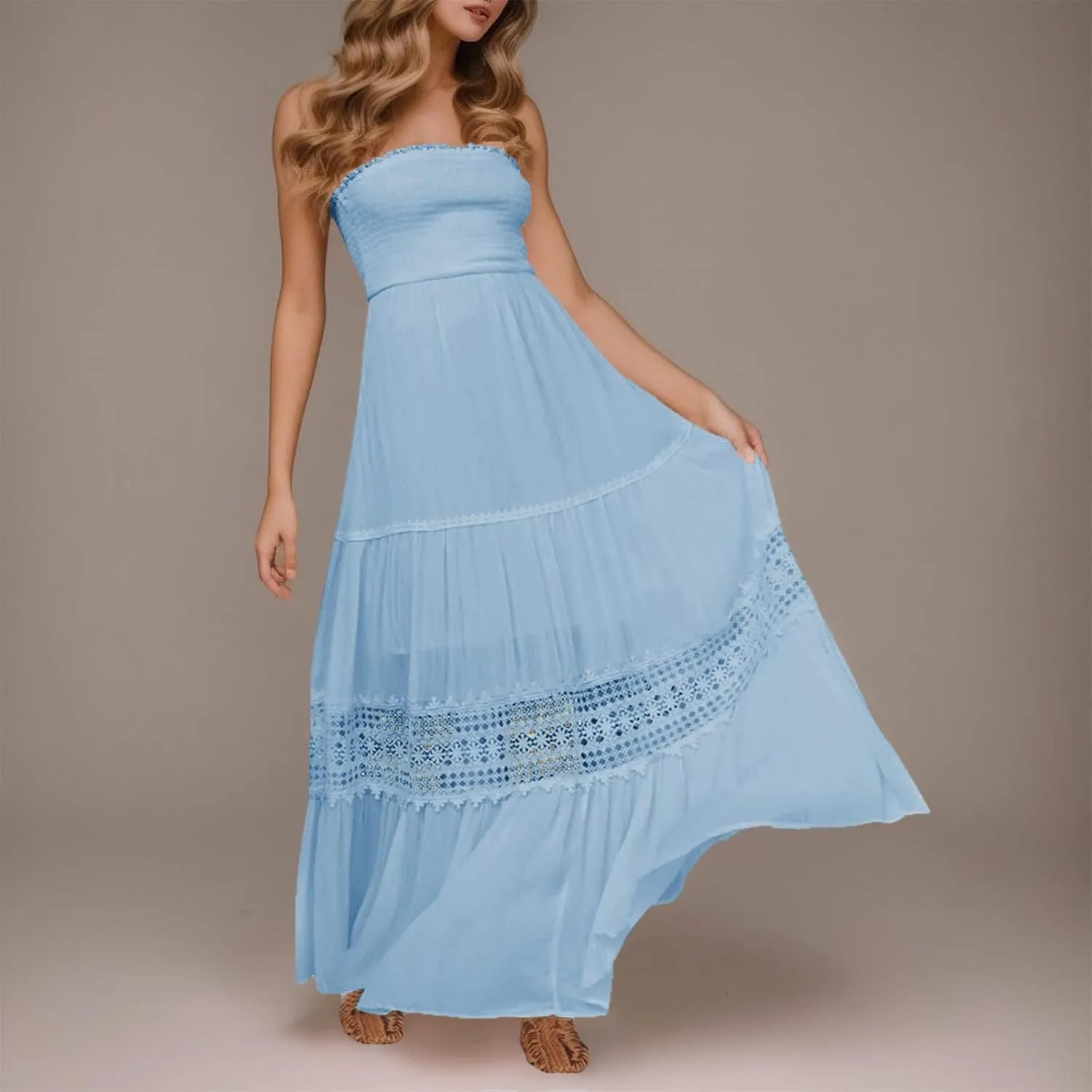 Women's 2023 Summer Bohemian Strapless Off Shoulder Lace Trim Backless Flowy A Line Beach Long Maxi Dress