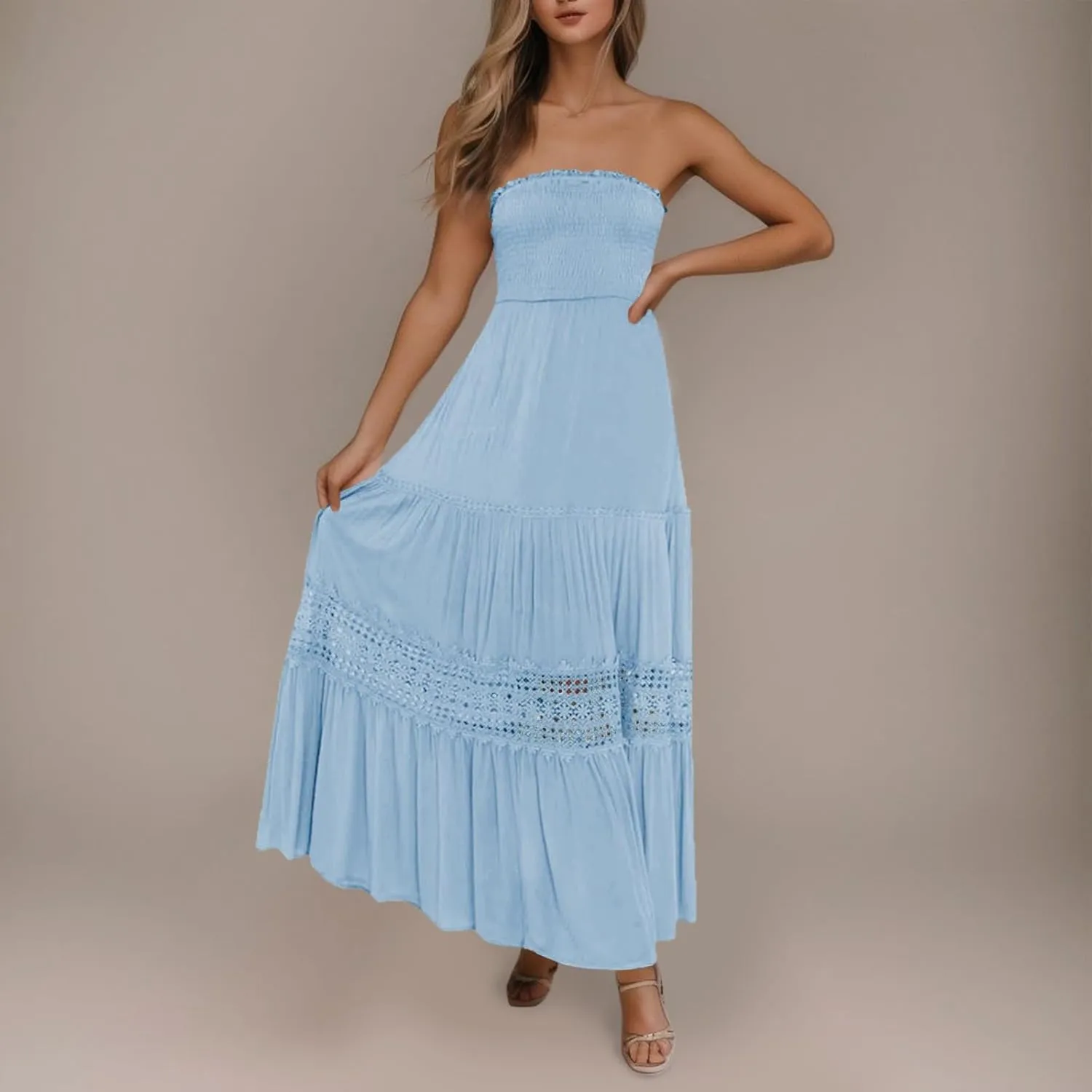 Women's 2023 Summer Bohemian Strapless Off Shoulder Lace Trim Backless Flowy A Line Beach Long Maxi Dress