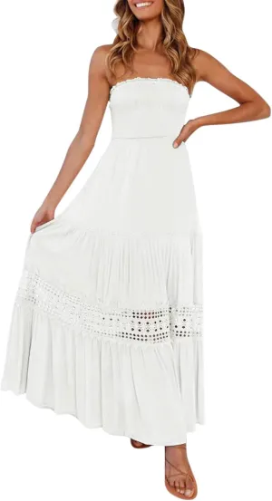 Women's 2023 Summer Bohemian Strapless Off Shoulder Lace Trim Backless Flowy A Line Beach Long Maxi Dress