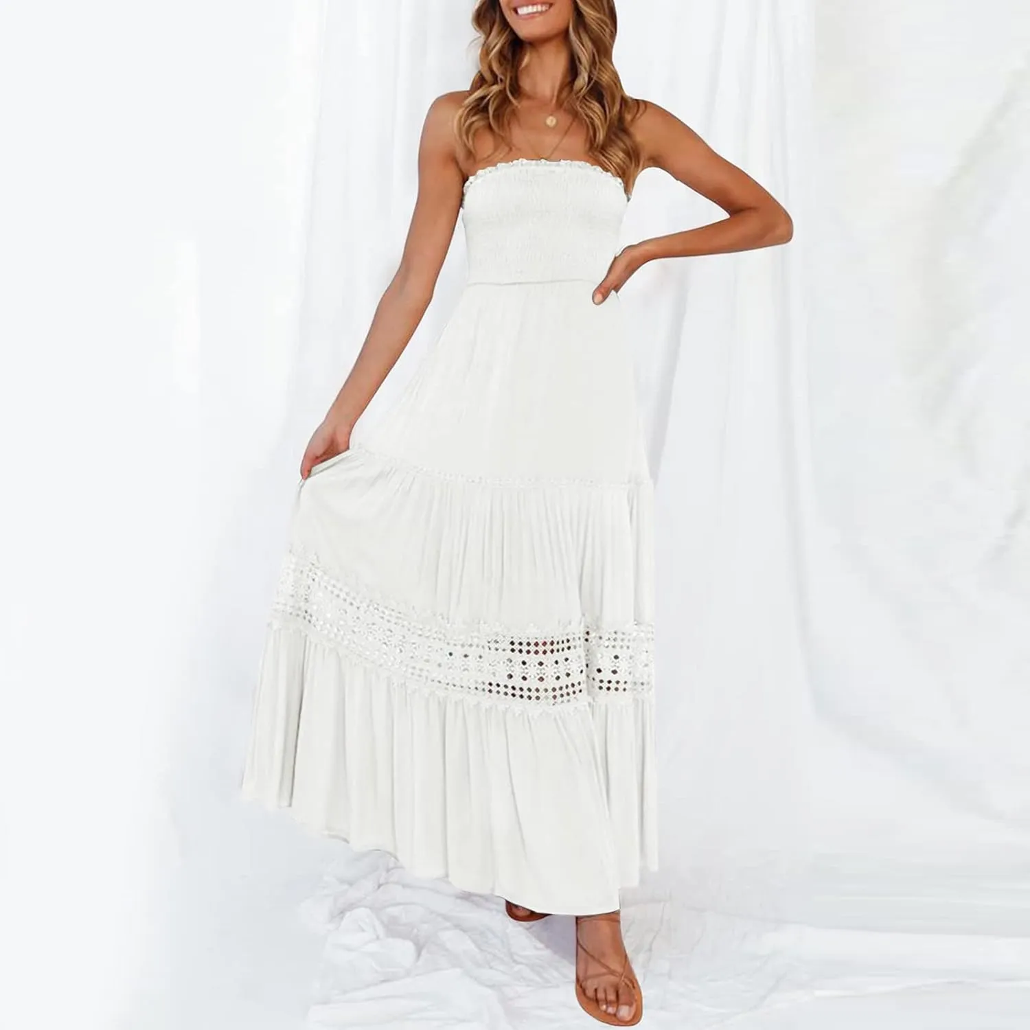 Women's 2023 Summer Bohemian Strapless Off Shoulder Lace Trim Backless Flowy A Line Beach Long Maxi Dress
