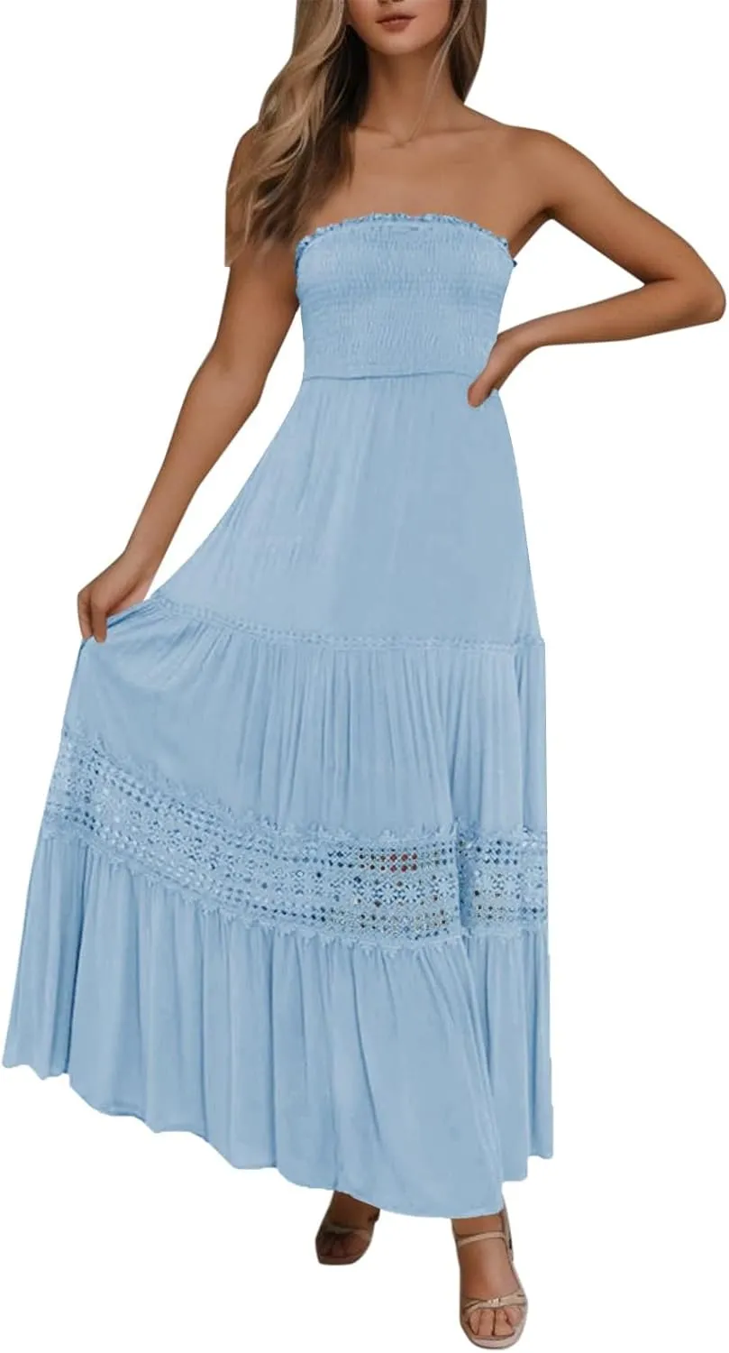 Women's 2023 Summer Bohemian Strapless Off Shoulder Lace Trim Backless Flowy A Line Beach Long Maxi Dress