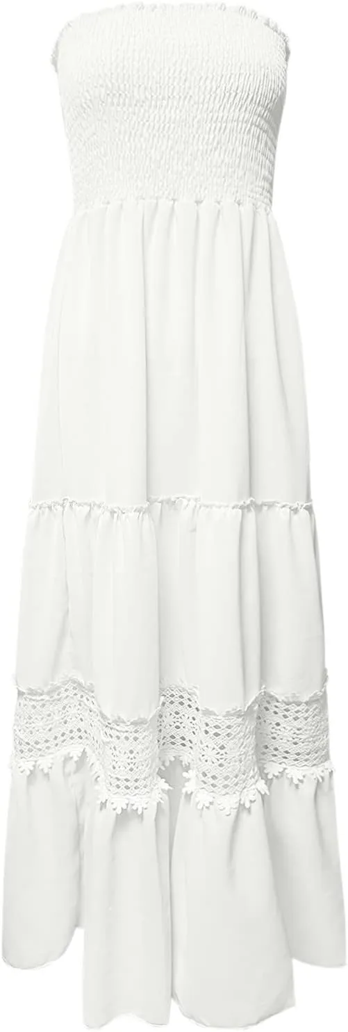Women's 2023 Summer Bohemian Strapless Off Shoulder Lace Trim Backless Flowy A Line Beach Long Maxi Dress