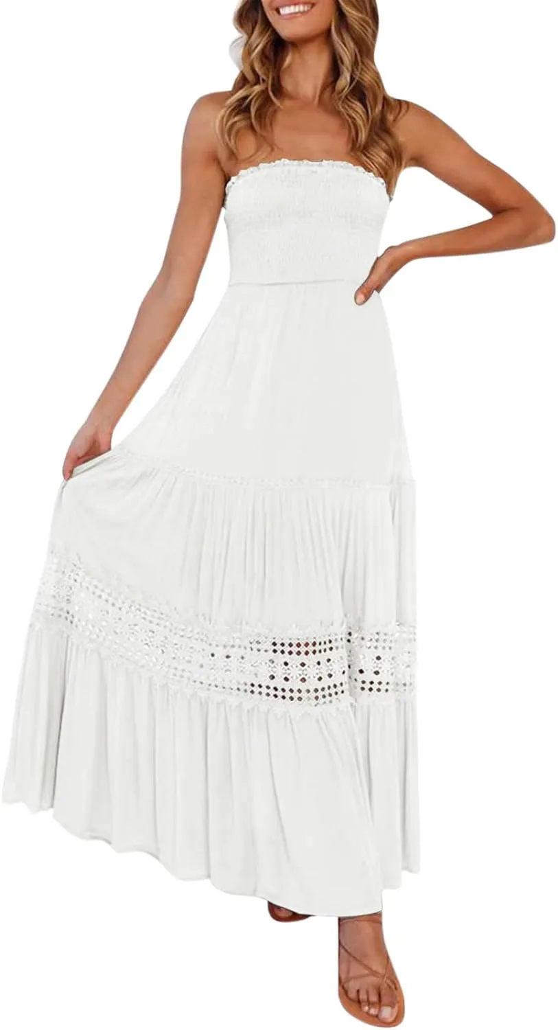 Women's 2023 Summer Bohemian Strapless Off Shoulder Lace Trim Backless Flowy A Line Beach Long Maxi Dress