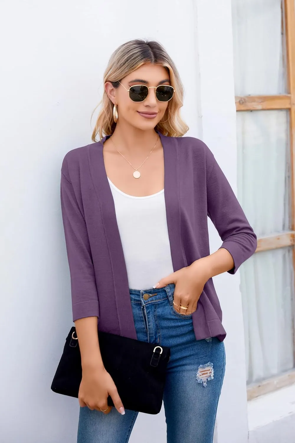 Women's 3/4 Sleeve Open Front Cropped Cardigan Sweater Elegant Shrugs for Women
