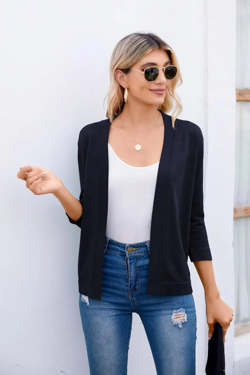 Women's 3/4 Sleeve Open Front Cropped Cardigan Sweater Elegant Shrugs for Women