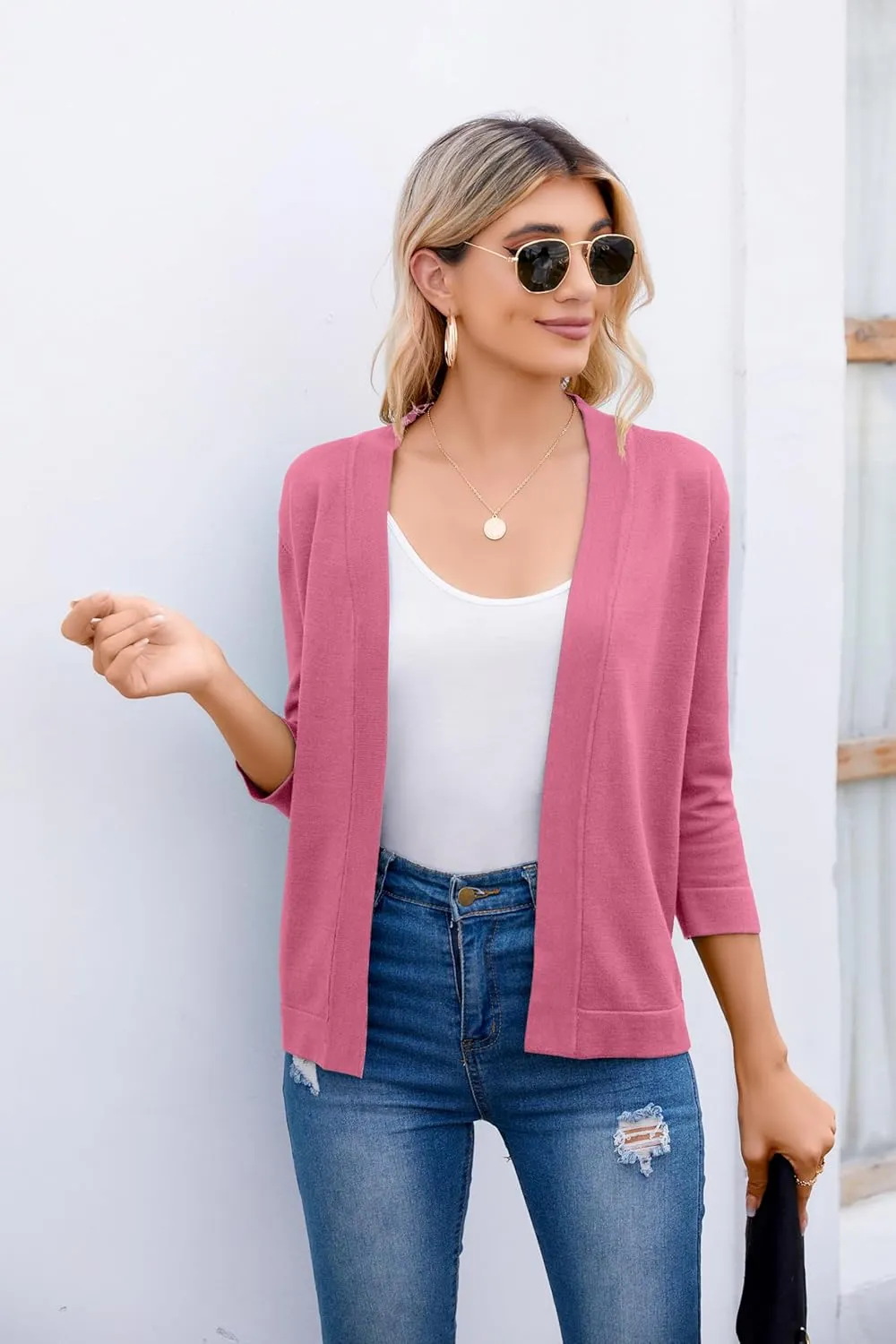 Women's 3/4 Sleeve Open Front Cropped Cardigan Sweater Elegant Shrugs for Women