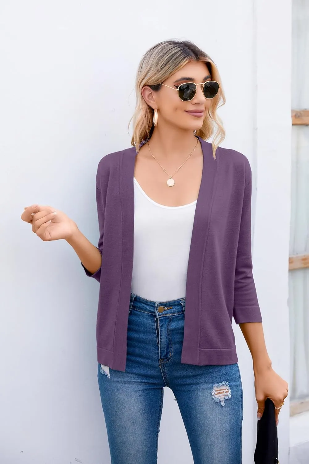 Women's 3/4 Sleeve Open Front Cropped Cardigan Sweater Elegant Shrugs for Women