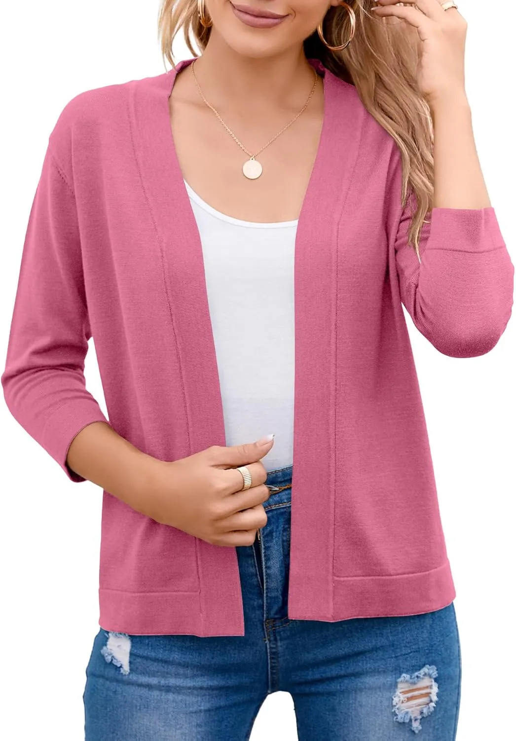 Women's 3/4 Sleeve Open Front Cropped Cardigan Sweater Elegant Shrugs for Women