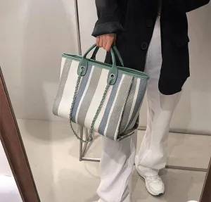 Women's Canvas Totes Chain Handbag Shoulder Crossbody Stripe Bag Beach Vacation Large Capacity Versatile Hobo Top Handle