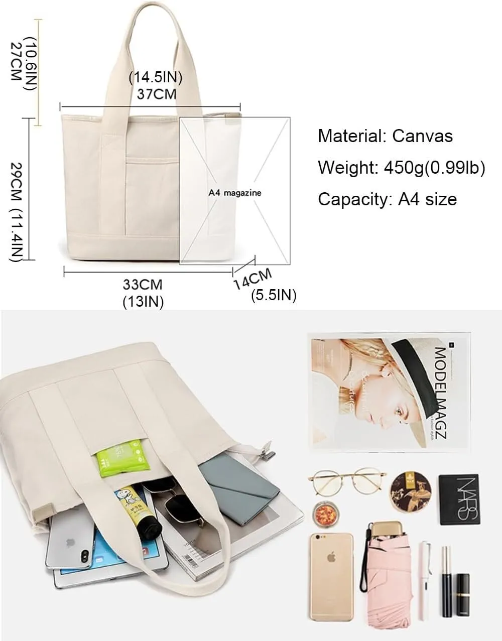 Women's Casual Black Canvas Bag Top Handle Large Capacity for Work, Travel Purposes, Convenient Shopping Bag