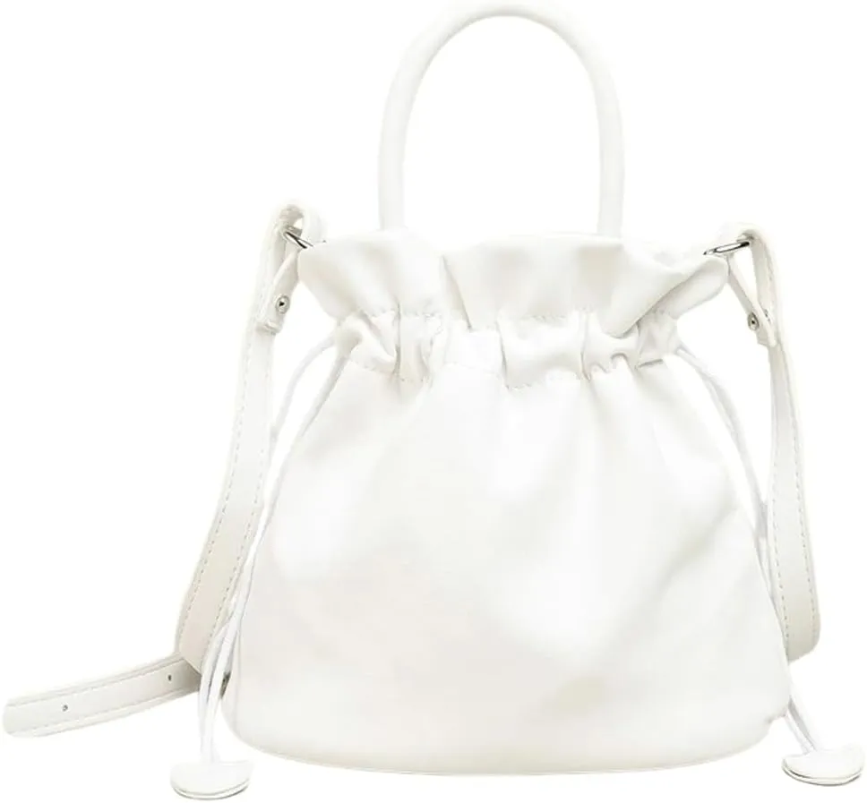 Women's Drawstring Bucket Bag Soft Leather Pleated Pop Fashion One-shoulder Cross-body Bag Vintage Versatile Tote Bag