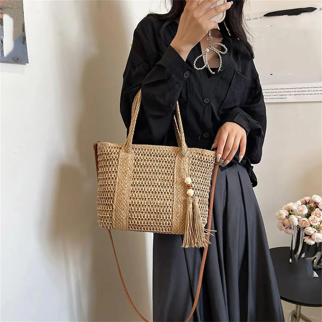 Women's Fashionable Straw Satchel Shoulder Bag Elegant Trendy Versatile Shopping Travel Bag Zipper Closure Square Shape