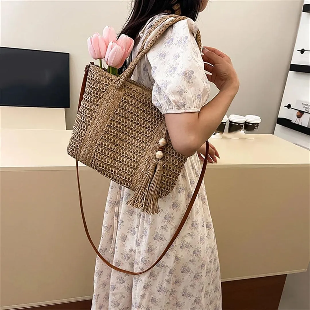 Women's Fashionable Straw Satchel Shoulder Bag Elegant Trendy Versatile Shopping Travel Bag Zipper Closure Square Shape