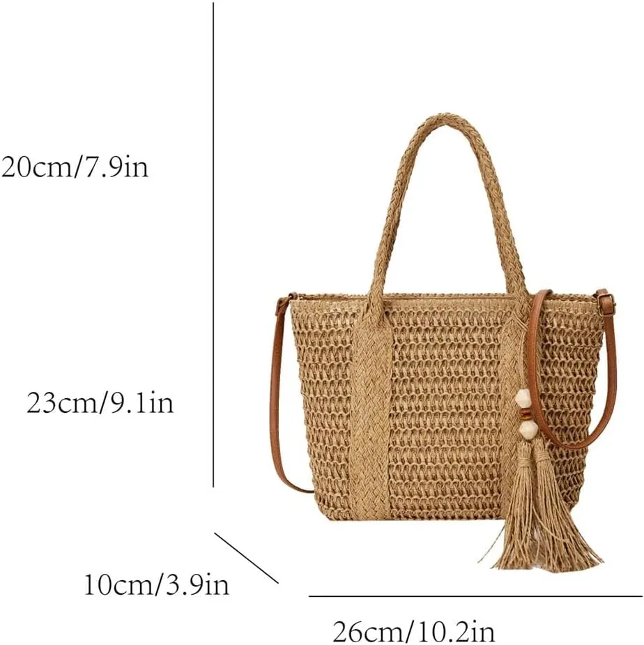Women's Fashionable Straw Satchel Shoulder Bag Elegant Trendy Versatile Shopping Travel Bag Zipper Closure Square Shape