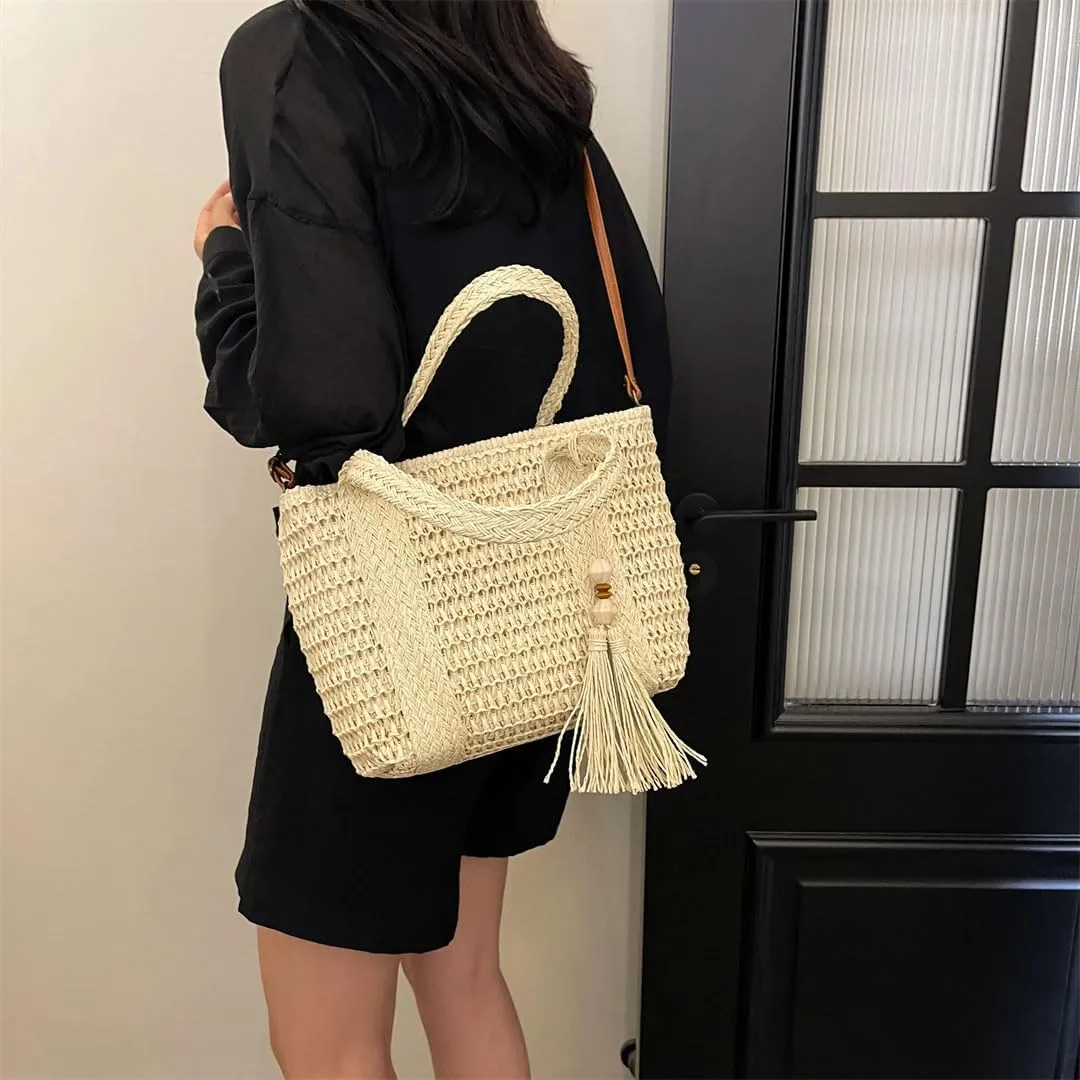 Women's Fashionable Straw Satchel Shoulder Bag Elegant Trendy Versatile Shopping Travel Bag Zipper Closure Square Shape