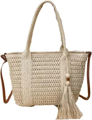 Women's Fashionable Straw Satchel Shoulder Bag Elegant Trendy Versatile Shopping Travel Bag Zipper Closure Square Shape