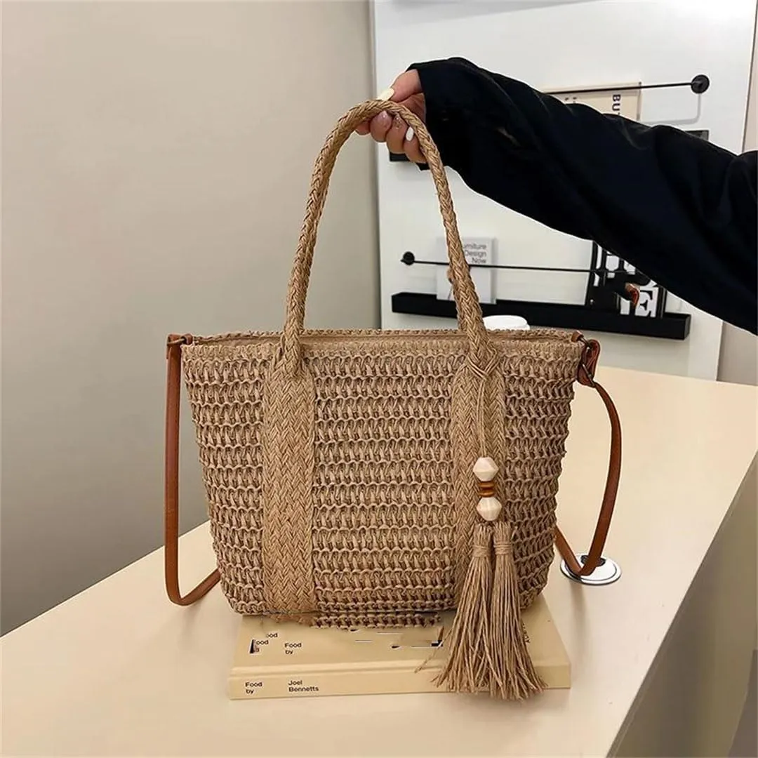Women's Fashionable Straw Satchel Shoulder Bag Elegant Trendy Versatile Shopping Travel Bag Zipper Closure Square Shape