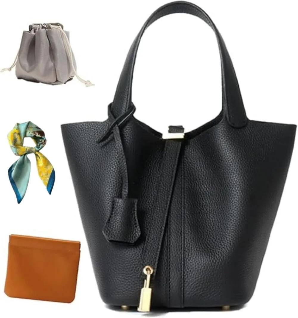 Women's Genuine Leather Bucket Bag: Vegetable Basket Soft Leather Tote with Lock Stylish Versatile Daily Use Shoulder Handbag