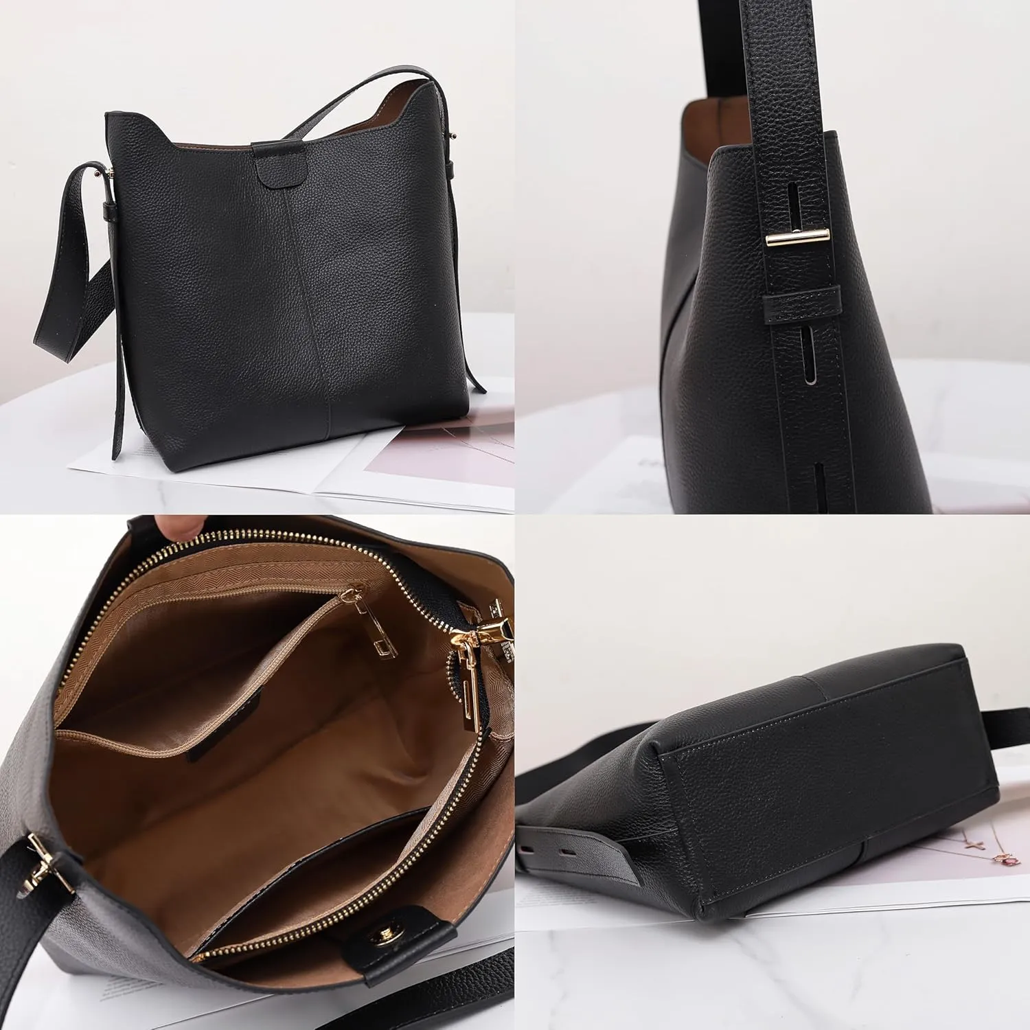 Womens Genuine Pebbled Leather Bucket Bag, Soft Hobo Tote Handbag with Adjustable Shoulder Strap, Spacious Everyday Purse