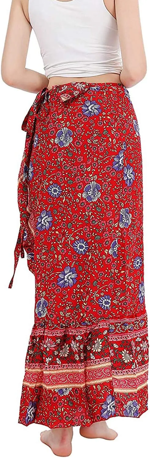 Women's High Waist Long Boho Print Skirt Gypsy Dress Bohemian Side Wrap Split Ruffled Asymmetric Hem Maxi Skirt,one size