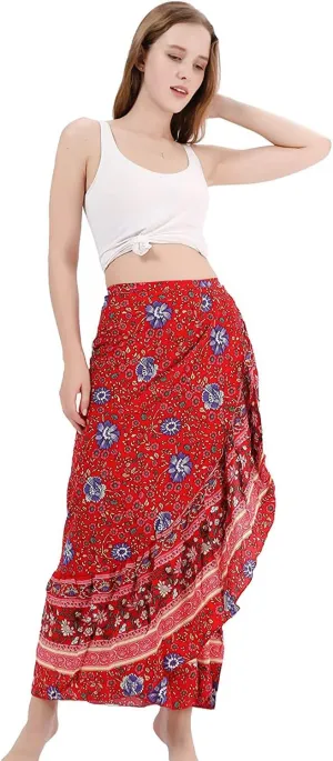 Women's High Waist Long Boho Print Skirt Gypsy Dress Bohemian Side Wrap Split Ruffled Asymmetric Hem Maxi Skirt,one size