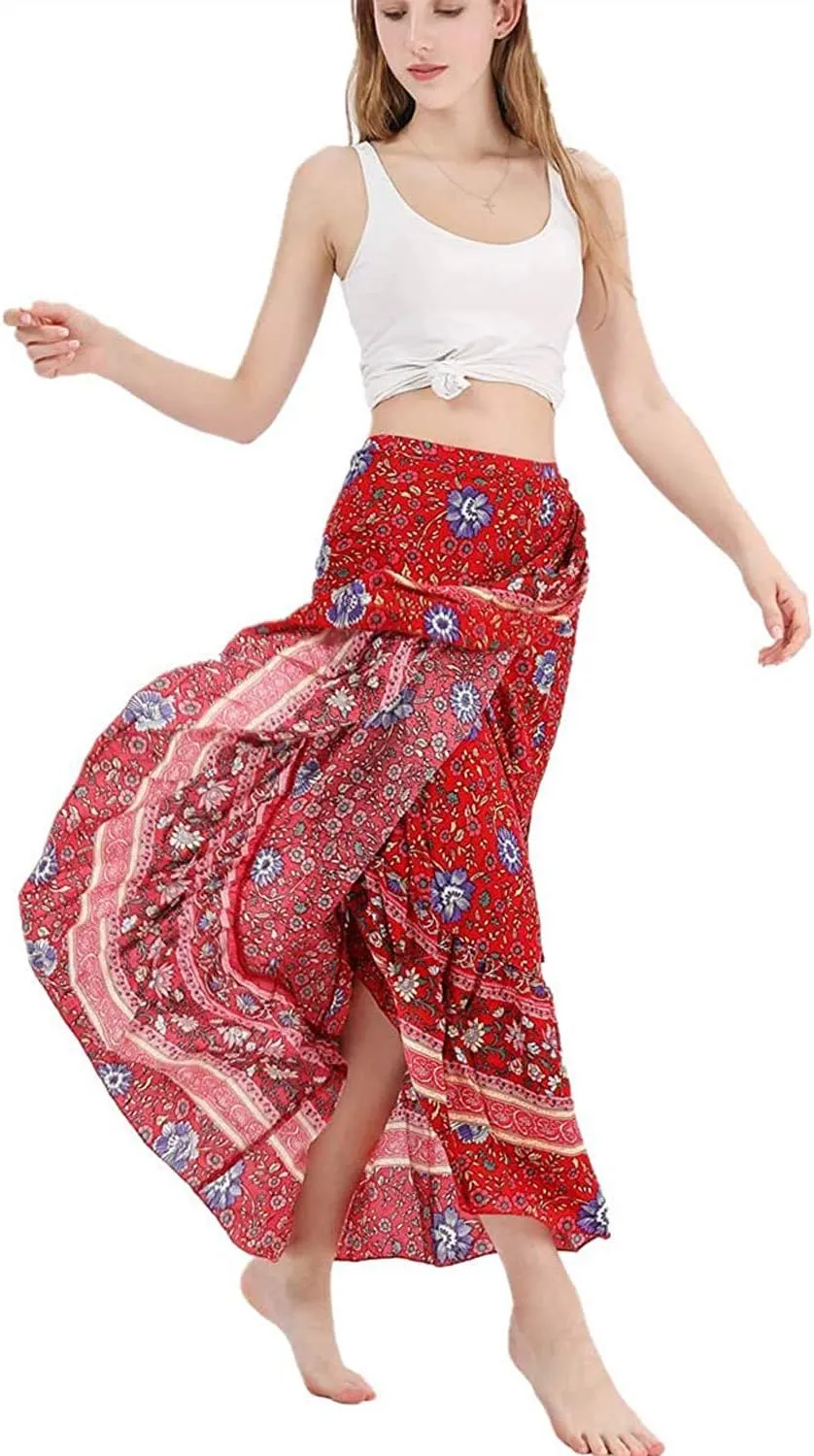 Women's High Waist Long Boho Print Skirt Gypsy Dress Bohemian Side Wrap Split Ruffled Asymmetric Hem Maxi Skirt,one size